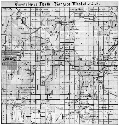 Skelton map from 1894 showing area around Prairie Grove.  Note:  battlefield area is north of Prairie Grove.