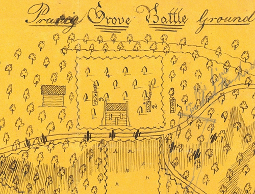 Close up of soldier's map (drawn by DB Arthur) showing Borden house and orchard and barn.